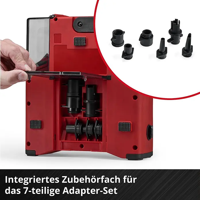 Einhell Akku-Kompressor Suppero 18/380 - 18 V, 1,38 bar - Rotes Gerät mit offenem Fach für ein 7-teiliges Set schwarzer Adapter. Integriertes Zubehörfach.