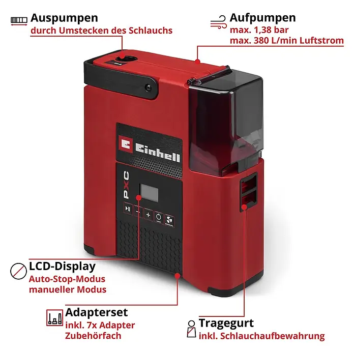 Einhell Akku-Kompressor Suppero 18/380 - 18 V, 1,38 bar - Rot-schwarze Einhell PXC Luftpumpe mit LCD-Display zum Aufpumpen und Auspumpen, inklusive Adapterset und Tragegurt.