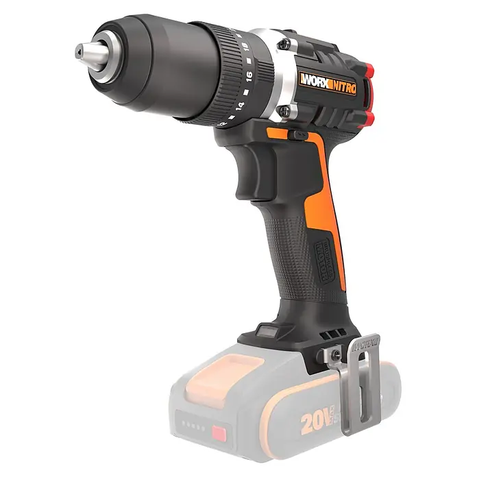 Worx PowerShare 20V Akku-Schlagbohrschrauber WX355.9 - 20 V, Ohne Akku, 55 Nm - Schwarz-orange WORX NITRO Akkubohrmaschine mit Metallbohrfutter, einstellbarer Drehmomentkupplung und teilweiser 20V Batterie.