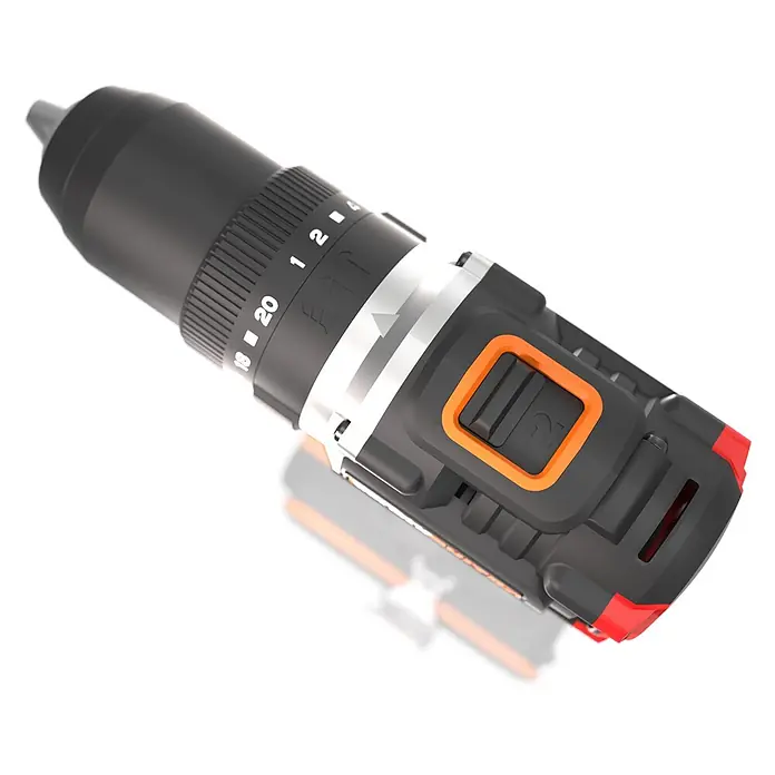 Worx PowerShare 20V Akku-Schlagbohrschrauber WX355.9 - 20 V, Ohne Akku, 55 Nm - Ein schwarzer und oranger Akku-Bohrschrauber mit silbernen Akzenten, der einen sichtbaren Drehmoment- und Geschwindigkeitsschalter zeigt.