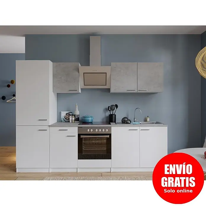 Respekta Composición de cocina Malia alto - Ancho: 270 cm, Blanco, Gris, Con electrodomésticos - Conjunto de cocina moderno con armaris blancos y gris efecto hormigón, encimera gris, horno, placa y fregadero.