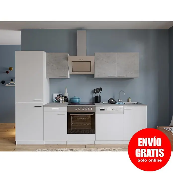 Respekta Composición de cocina Malia alto - Ancho: 280 cm, Blanco, Gris, Con electrodomésticos - Cocina moderna con muebles bajos blancos y muebles altos efecto hormigón, incluyendo horno, placa, lavavajillas y fregadero.