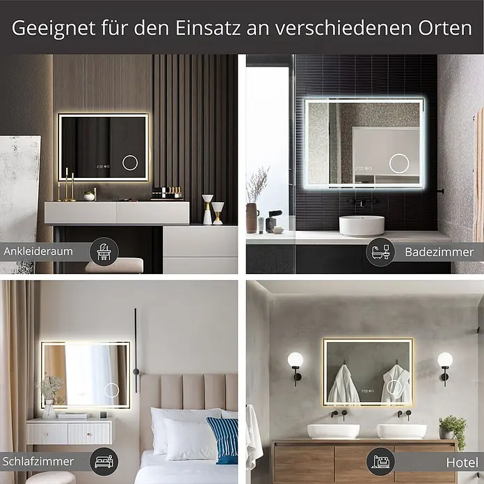 Lumoire Lichtspiegel TRONVG -  - Rechteckiger LED-beleuchteter Spiegel mit digitaler Zeitanzeige und Touch-Steuerung, gezeigt in Ankleidezimmer, Bad, Schlafzimmer und Hotel.