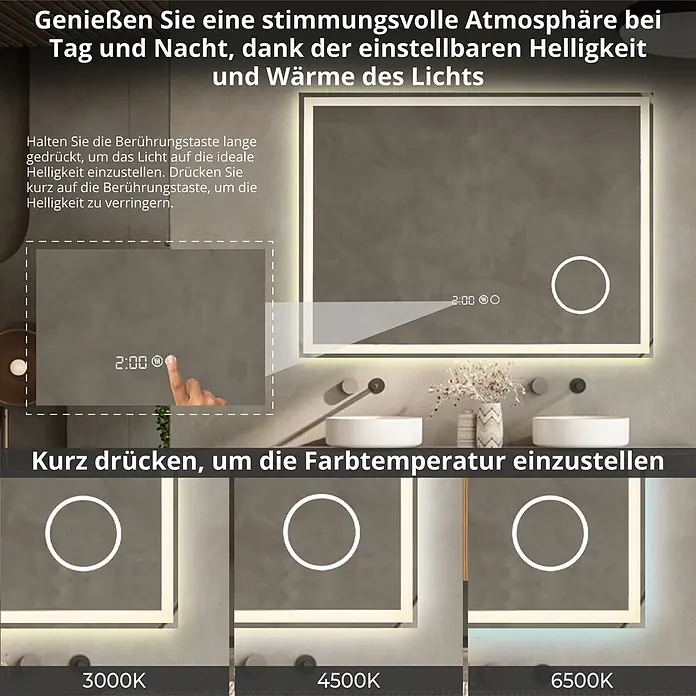 Lumoire Lichtspiegel TRONVG -  - Beleuchteter Badspiegel mit einstellbarer Helligkeit und Farbtemperatur (3000K, 4500K, 6500K) für flexible Lichtstimmungen.