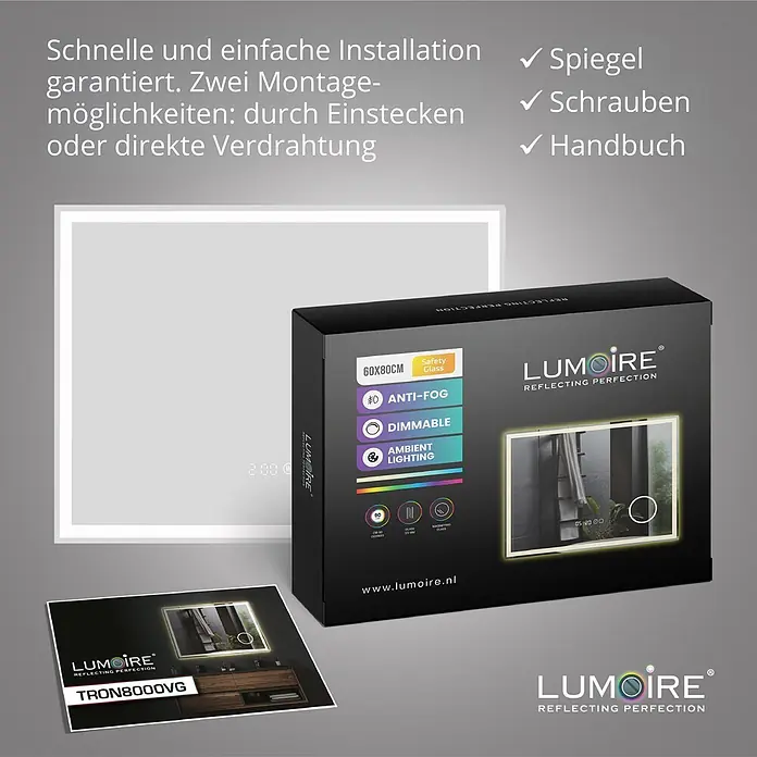Lumoire Lichtspiegel TRONVG -  - Rechteckiger Lumioire LED-Spiegel (60x80cm) mit Licht, Anti-Beschlag, dimmbar und Ambientebeleuchtung, mit Karton und Handbuch.