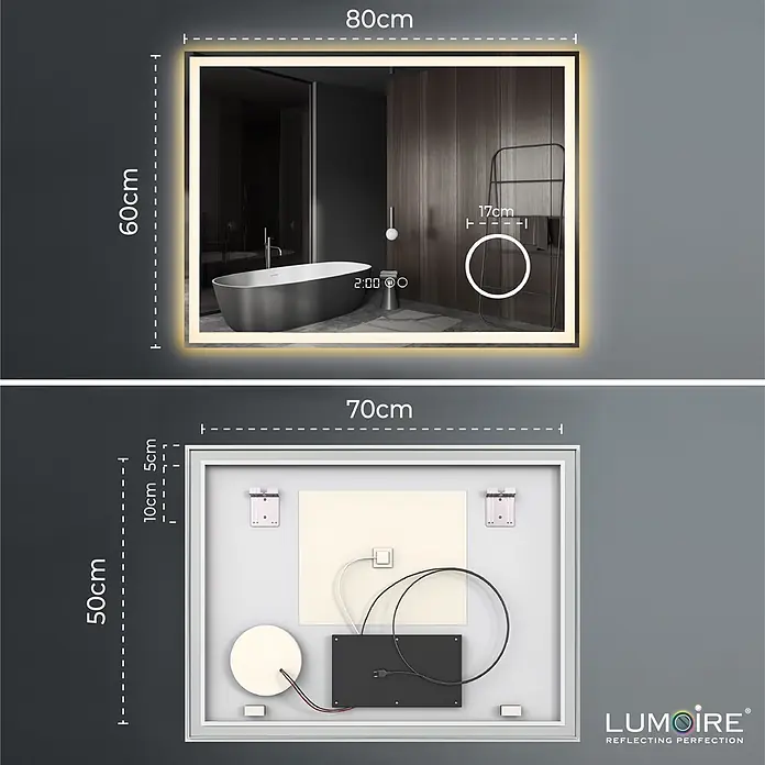 Lumoire Lichtspiegel TRONVG -  - Rechteckiger LED-Spiegel, 80x60cm, mit beleuchtetem Rahmen, Digitaluhr und Entfeuchter; Vorder- und Rückansicht mit Montagedetails.