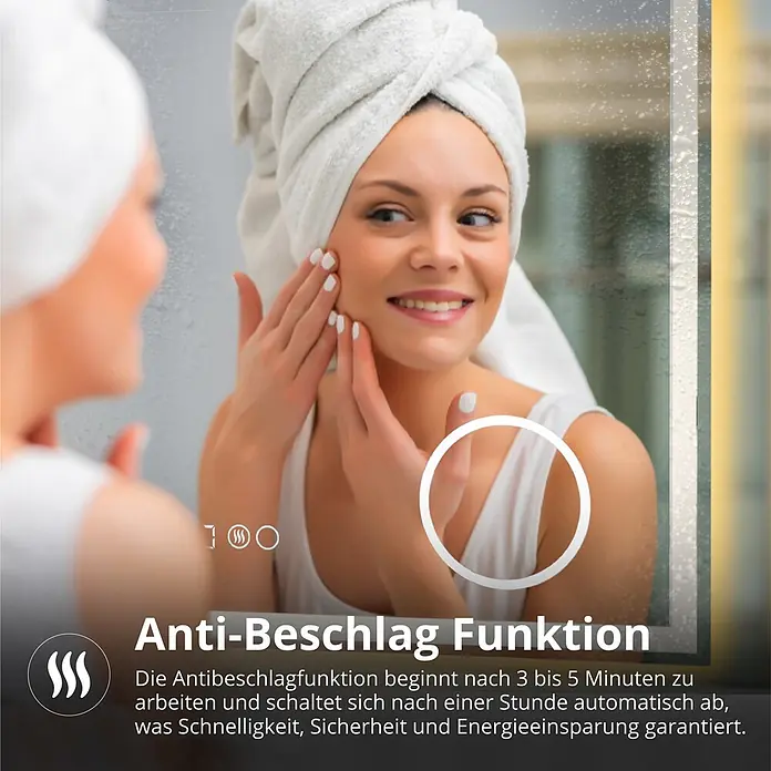 Lumoire Lichtspiegel TRONVG -  - Spiegel mit Antibeschlagfunktion, die einen klaren Bereich freihält, während der Rest beschlagen ist. Eine Frau nutzt den Spiegel.
