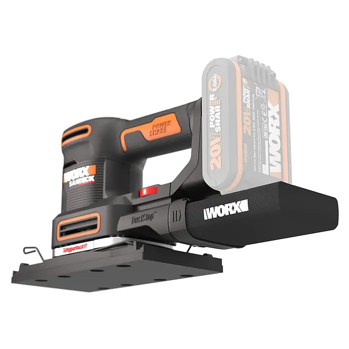 Worx PowerShare 20V Akku-Multischleifer WX820.9 - 20 V, Ohne Akku, Leerlaufschwingzahl: 4.000 U/min - 10.000 U/min - Schwarz-orange Worx Akku-Schwingschleifer mit Akku und Staubfangbeutel.