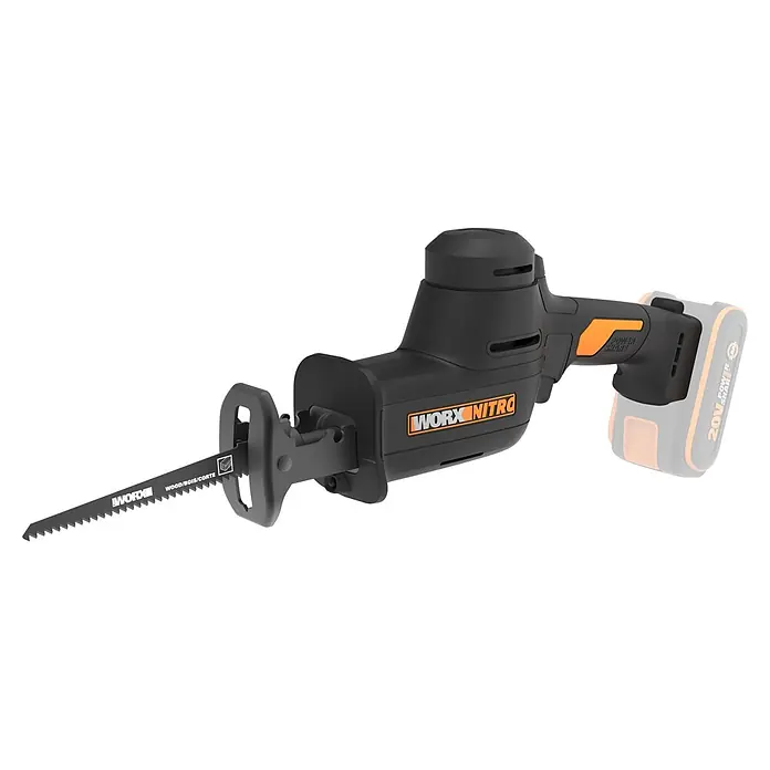 Worx PowerShare 20V Akku-Säbelsäge WX501.9 - 20 V, Ohne Akku, 0 U/min - 3.000 U/min - Schwarz-orangefarbene Akku-Säbelsäge mit eingesetztem Blatt, beschriftet mit 'WORX NITRO' und 'POWER SHARE'.