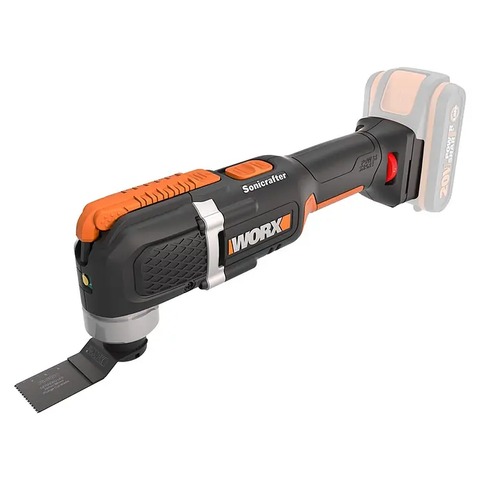 Worx PowerShare 20V Akku-Multifunktionswerkzeug WX696.9 - 20 V, Anzahl Akkus: Ohne Akku, Oszillationswinkel: 3,6 °, Sonstige - WORX Sonicrafter Oszillationswerkzeug, schwarz-orange, mit Tauchschnittklinge. Akku angedeutet.