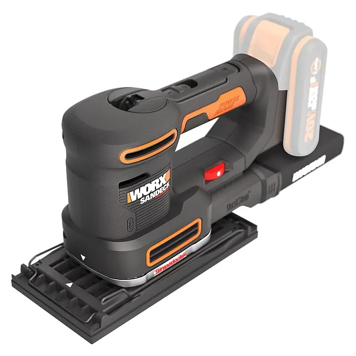 Worx PowerShare 20V Akku-Multischleifer WX820.9 - 20 V, Ohne Akku, Leerlaufschwingzahl: 4.000 U/min - 10.000 U/min - Ein schwarz-orangefarbener Akku-Schwingschleifer mit 20V Akku, strukturiertem Griff und rechteckiger Schleifplatte.