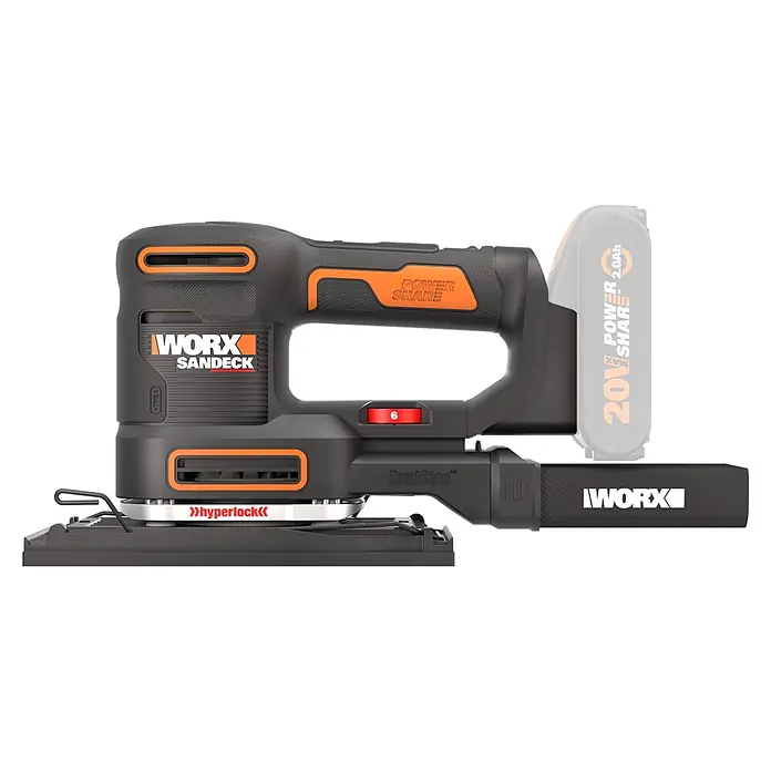 Worx PowerShare 20V Akku-Multischleifer WX820.9 - 20 V, Ohne Akku, Leerlaufschwingzahl: 4.000 U/min - 10.000 U/min - Schwarz-orange WORX SANDECK Akku-Schleifer mit 20V Power Share Akku, mit DustStop und Hyperlock Technologie.