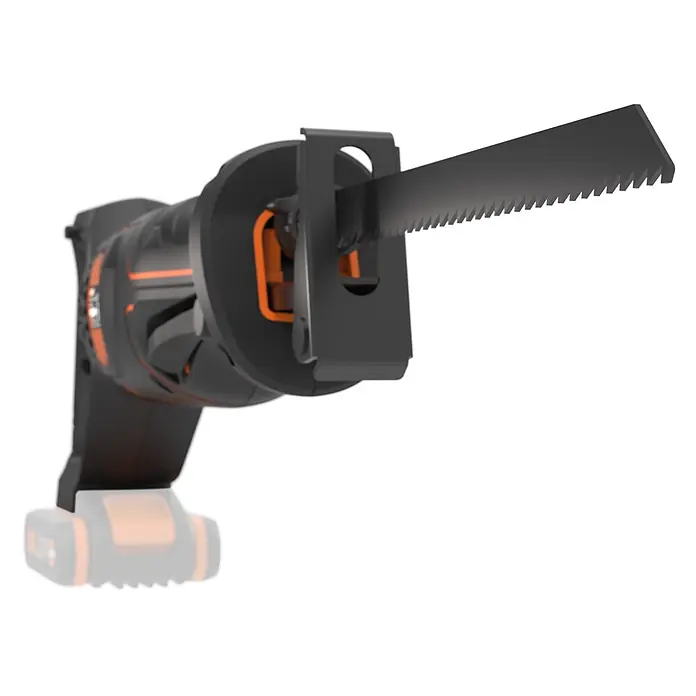 Worx PowerShare 20V Akku-Säbelsäge WX500.9 - 20 V, Ohne Akku, 0 U/min - 3.000 U/min - Akku-Säbelsäge mit schwarzem Gehäuse und orangefarbenen Akzenten, ausgestattet mit einem scharfen, dunkelgrauen Sägeblatt.