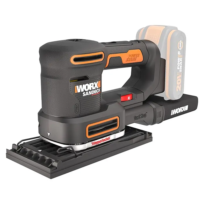 Worx PowerShare 20V Akku-Multischleifer WX820.9 - 20 V, Ohne Akku, Leerlaufschwingzahl: 4.000 U/min - 10.000 U/min - WORX SANDECK Akku-Schwingschleifer in Schwarz-Orange mit abnehmbarem 20V Akku und Hyperlock Schleifplatte.