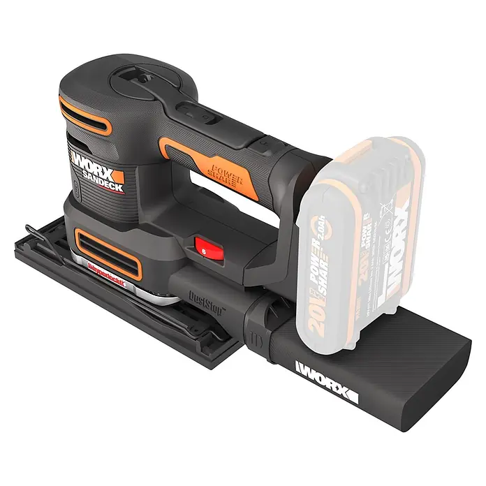 Worx PowerShare 20V Akku-Multischleifer WX820.9 - 20 V, Ohne Akku, Leerlaufschwingzahl: 4.000 U/min - 10.000 U/min - Schwarz-orange WORX Sandeck Akku-Schleifmaschine mit Staubbeutel und Batterieumriss.