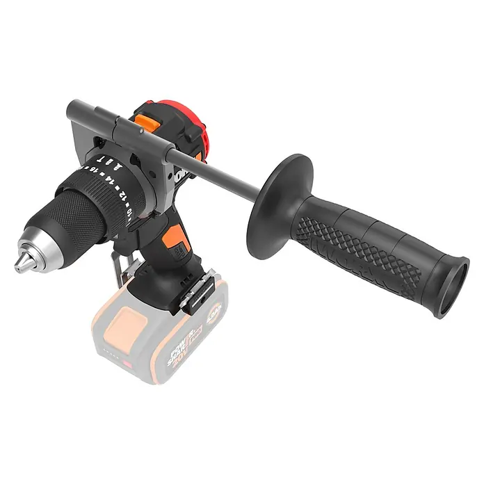 Worx PowerShare 20V Akku-Schlagbohrschrauber WX356.9 - 20 V, Ohne Akku, 85 Nm - Schwarz-orange Akkubohrmaschine mit Zusatzhandgriff, Bohrfutter und Bithalter.