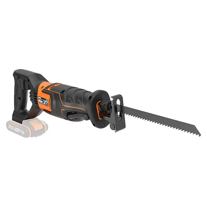 Worx PowerShare 20V Akku-Säbelsäge WX500.9 - 20 V, Ohne Akku, 0 U/min - 3.000 U/min - Schwarze und orangefarbene Akku-Säbelsäge mit dunkelgrauem Sägeblatt, ein leistungsstarkes akkubetriebenes Schneidwerkzeug.