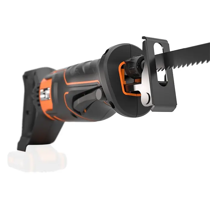 Worx PowerShare 20V Akku-Säbelsäge WX500.9 - 20 V, Ohne Akku, 0 U/min - 3.000 U/min - Schwarze und orangefarbene Säbelsäge mit gezacktem Sägeblatt.