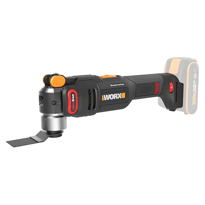 Worx PowerShare 20V Akku-Multifunktionswerkzeug WX698.9 - 20 V, Anzahl Akkus: Ohne Akku, Oszillationswinkel: -2,5 ° - 2,5 °, Sonstige - Schwarz-orange kabellose WORX Multifunktionswerkzeug mit Klinge, mit "vibrasfree" und "bürstenlosem Motor" Beschriftung.