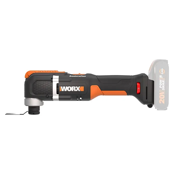 Worx PowerShare 20V Akku-Multifunktionswerkzeug WX696.9 - 20 V, Anzahl Akkus: Ohne Akku, Oszillationswinkel: 3,6 °, Sonstige - Worx Sonicrafter oszillierendes Multifunktionswerkzeug in Schwarz und Orange, mit Metallklinge und rotem Drehschalter. Mit Power Share Akkussystem.