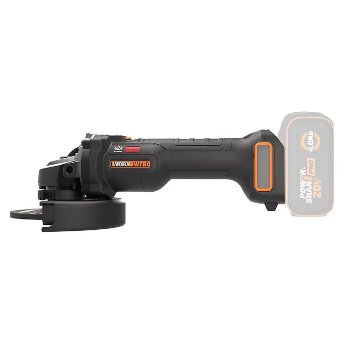 Worx PowerShare 20V Akku-Winkelschleifer WX814.9 - 20 V, Ohne Akku, 0 U/min - 8.600 U/min - Schwarze und orangefarbene Worx Nitro Akku-Winkelschleifer mit verblasstem Power Share Akku.