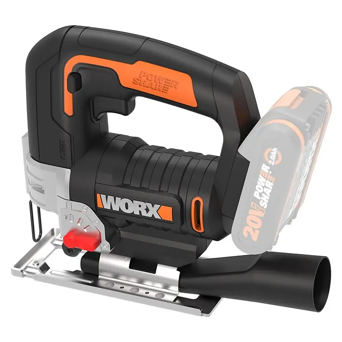 Worx PowerShare 20V Akku-Pendelhubstichsäge WX543.9 - 20 V, Anzahl Akkus: Ohne Akku, 0 /min - 2.600 /min - Schwarz-orange Akku-Stichsäge mit teiltransparenter Batterie, silberner Basis und rotem Auslöser.