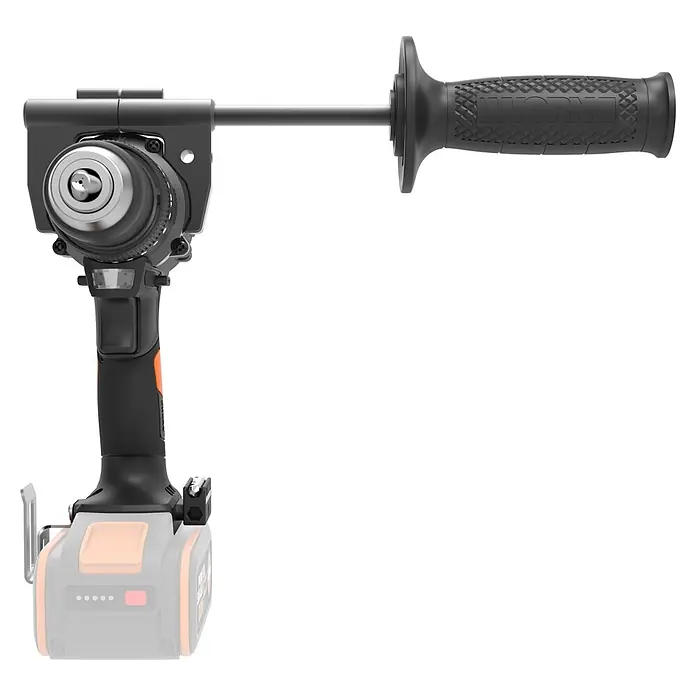 Worx PowerShare 20V Akku-Schlagbohrschrauber WX356.9 - 20 V, Ohne Akku, 85 Nm - Schwarze und orange Akkubohrmaschine mit aufgesetztem Zusatzhandgriff, seitlich dargestellt.