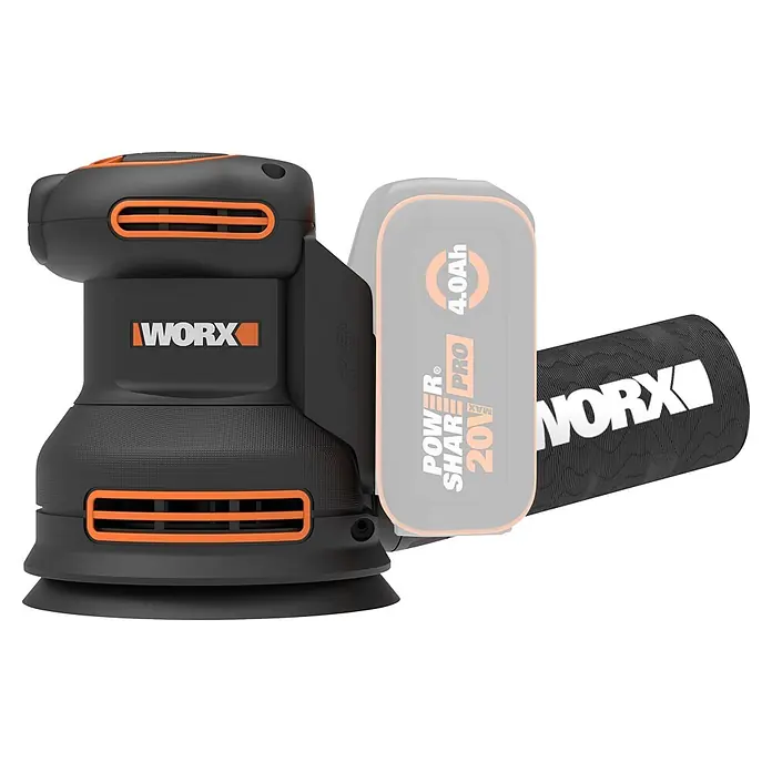 Worx PowerShare 20V Akku-Exzenterschleifer WX823.9 - 8.000 U/min - 11.000 U/min, Durchmesser Schleifteller: 125 mm - Schwarz-orangefarbener Akku-Schwingschleifer mit 20V 4.0Ah Akku und Staubsack.