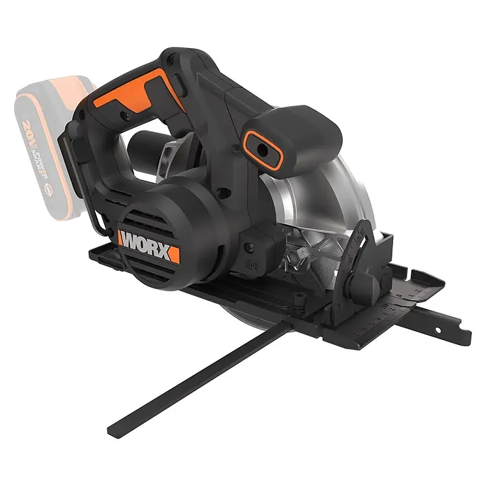 Worx PowerShare 20V Akku-Handkreissäge WX526.9 - Ohne Akku, Durchmesser Sägeblatt: 165 mm, 4.700 U/min - Schwarze und orange kabellose WORX Kreissäge mit Akku, Blattschutz und verstellbarer Grundplatte.
