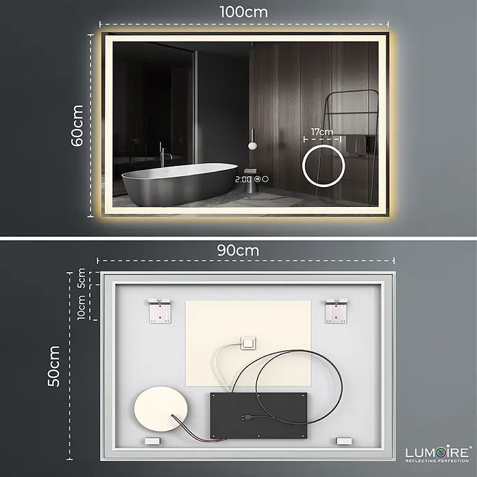Lumoire Lichtspiegel TRONVG - 100 x 3 cm - Rechteckiger LED-Spiegel (100x60cm) mit beleuchteten Rändern, Digitaluhr und Antibeschlagfunktion. Rückansicht zeigt Montage und Verkabelung.