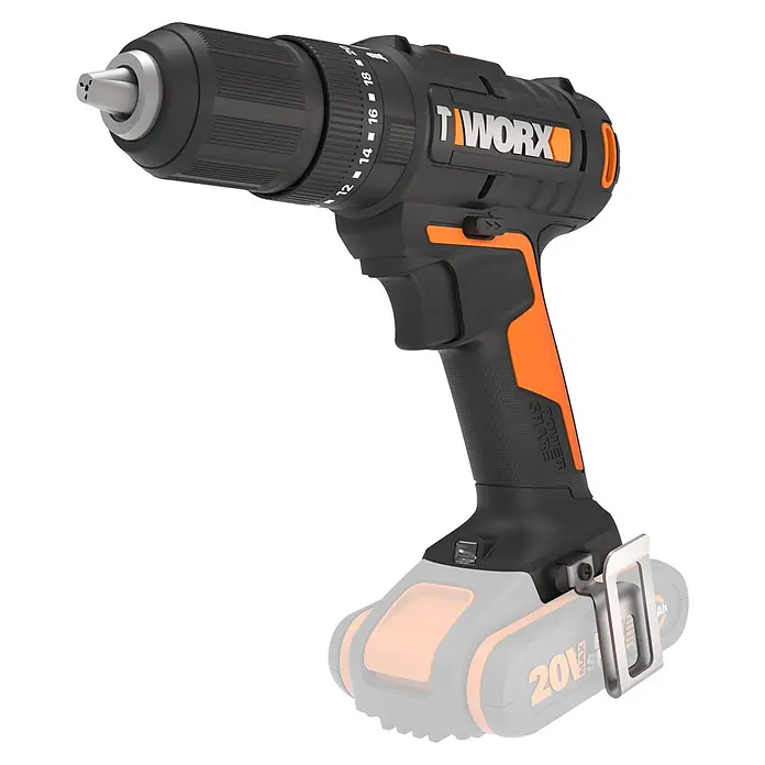 Worx PowerShare 20V Akku-Schlagbohrschrauber WX370.9 - 20 V, Ohne Akku, 50 Nm - Ein schwarz-orangefarbener Akkubohrschrauber mit silbernem Bohrfutter, einstellbaren Drehmomenteinstellungen und teilweise sichtbarem 20V Akku.
