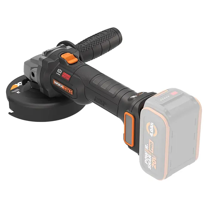Worx PowerShare 20V Akku-Winkelschleifer WX814.9 - 20 V, Ohne Akku, 0 U/min - 8.600 U/min - Schwarz-orangefarbener Akku-Winkelschleifer mit Seitenhandgriff und Akkufach.