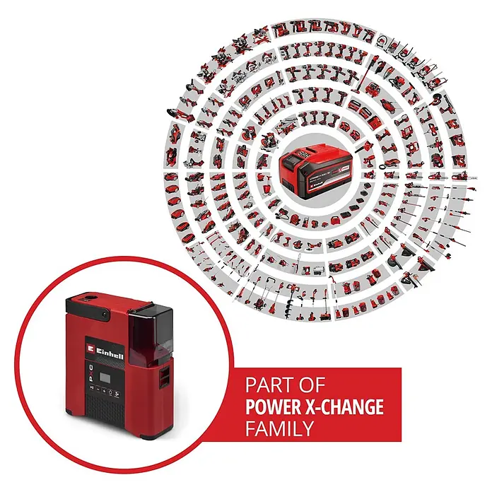 Einhell Akku-Kompressor Suppero 18/380 - 18 V, 1,38 bar - Einhell rot-schwarze Power X-Change Powerstation mit Digitalanzeige und Bedienelementen.