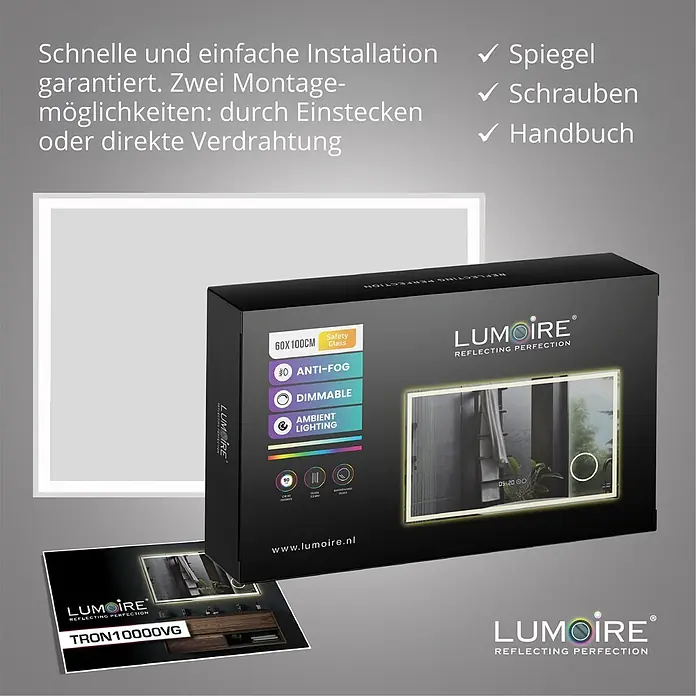 Lumoire Lichtspiegel TRONVG - 100 x 3 cm - LUMOIRE Spiegelverpackung (60x100cm, Sicherheitsglas, Anti-Beschlag, dimmbar, Ambientebeleuchtung) und Produktbroschüre (TRON10000VG).