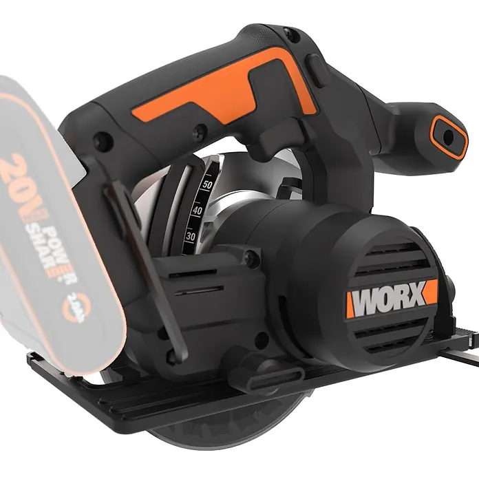 Worx PowerShare 20V Akku-Handkreissäge WX526.9 - Ohne Akku, Durchmesser Sägeblatt: 165 mm, 4.700 U/min - Schwarze und orangefarbene Akku-Kreissäge von WORX mit Tiefeneinstellung und teilweise sichtbarem 20V Akku.