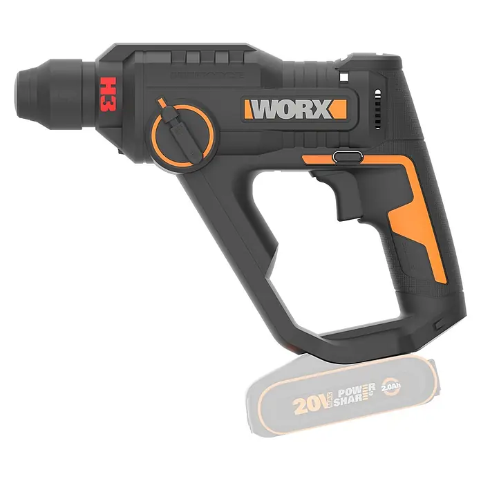 Worx PowerShare 20V Akku-Bohrhammer WX391.9 - 20 V, Ohne Akku, 1,2 J - Schwarz-orangefarbener WORX H3 Akku-Bohrhammer mit Moduswähler und texturiertem Griff.