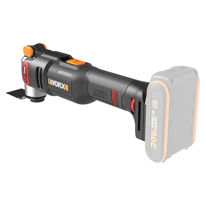 Worx PowerShare 20V Akku-Multifunktionswerkzeug WX698.9 - 20 V, Anzahl Akkus: Ohne Akku, Oszillationswinkel: -2,5 ° - 2,5 °, Sonstige - Grau-oranges WORX Akku-Oszillationswerkzeug mit Sägeblattaufsatz, beschriftet mit 'vibrafree' und 'Power Share'.