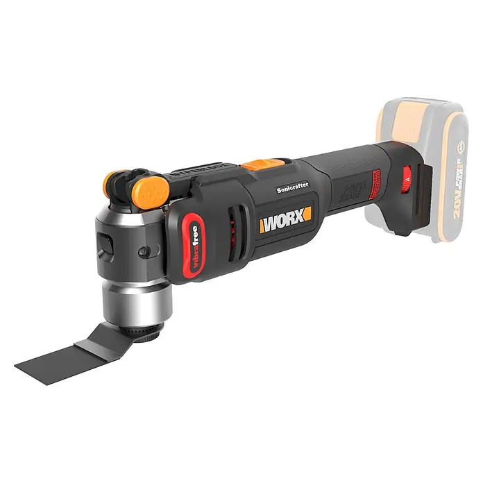 Worx PowerShare 20V Akku-Multifunktionswerkzeug WX698.9 - 20 V, Anzahl Akkus: Ohne Akku, Oszillationswinkel: -2,5 ° - 2,5 °, Sonstige - Ein schwarz-orangefarbenes Worx Sonicrafter Akku-Multitool mit Metallklinge, beschriftet mit 'VibraFree' und 'Power Share'.