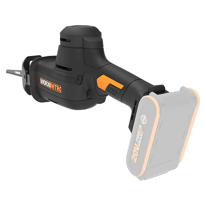 Worx PowerShare 20V Akku-Säbelsäge WX501.9 - 20 V, Ohne Akku, 0 U/min - 3.000 U/min - Schwarz-orange Akku-Säbelsäge mit sichtbarem Sägeblatt. Der Akku ist teilweise sichtbar.