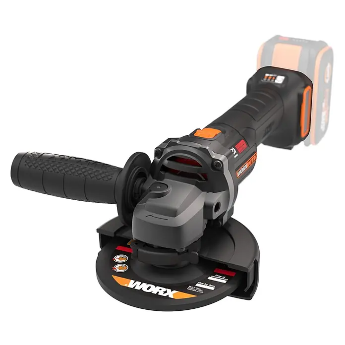 Worx PowerShare 20V Akku-Winkelschleifer WX814.9 - 20 V, Ohne Akku, 0 U/min - 8.600 U/min - Schwarzer und oranger Akku-Winkelschleifer mit Seitenhandgriff und Trennscheibe, mit WORX-Branding.