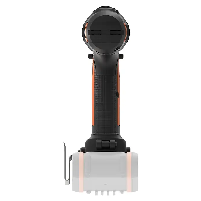 Worx PowerShare 20V Akku-Schlagbohrschrauber WX370.9 - 20 V, Ohne Akku, 50 Nm - Blick von oben auf ein schwarzes und orangefarbenes Akku-Elektrowerkzeug mit texturiertem Griff.