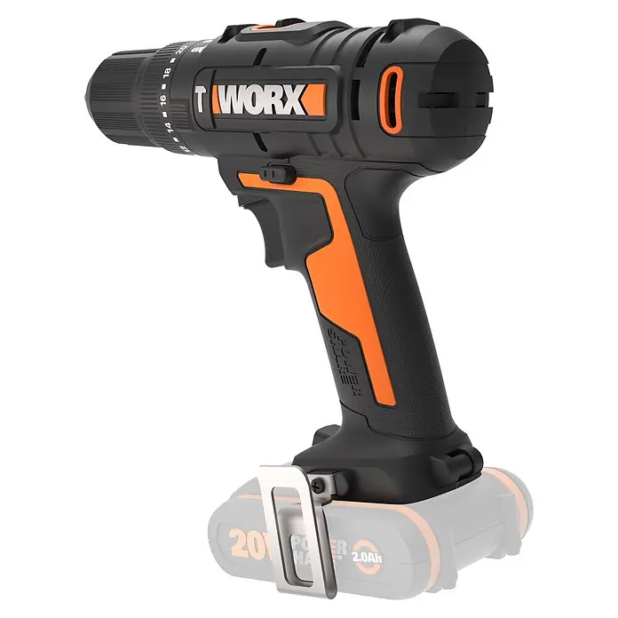 Worx PowerShare 20V Akku-Schlagbohrschrauber WX370.9 - 20 V, Ohne Akku, 50 Nm - Schwarz-orange Akkubohrmaschine mit strukturiertem Griff und Akku, mit Bohrfutter, Drehmomenteinstellungen und Gürtelclip.
