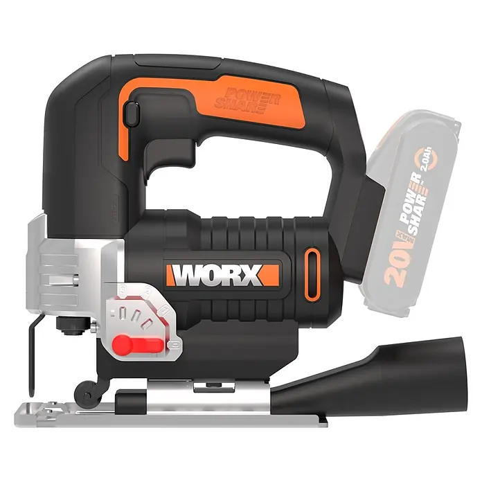 Worx PowerShare 20V Akku-Pendelhubstichsäge WX543.9 - 20 V, Anzahl Akkus: Ohne Akku, 0 /min - 2.600 /min - Schwarz-orange Akku-Stichsäge mit sichtbarem POWER SHARE Akku, stabilem Griff und Metallfußplatte.
