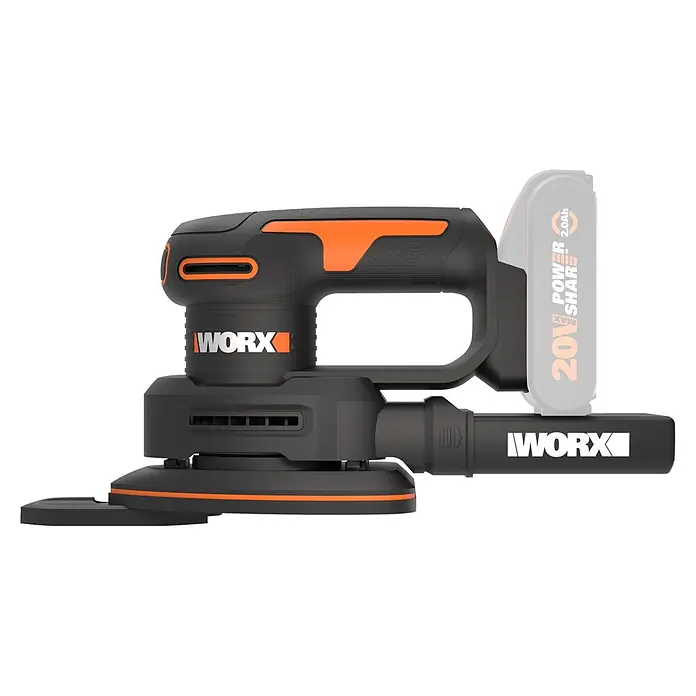 Worx PowerShare 20V Akku-Deltaschleifer WX822.9 - 20 V, Anzahl Akkus: Ohne Akku - Schwarzer und oranger WORX Akku-Exzenterschleifer mit ergonomischem Griff und Staubanschluss. Akku teilweise sichtbar.