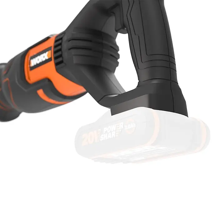 Worx PowerShare 20V Akku-Säbelsäge WX500.9 - 20 V, Ohne Akku, 0 U/min - 3.000 U/min - Nahaufnahme eines schwarz-orangen WORX Elektrowerkzeugs mit strukturiertem Griff und Teil des Gehäuses.