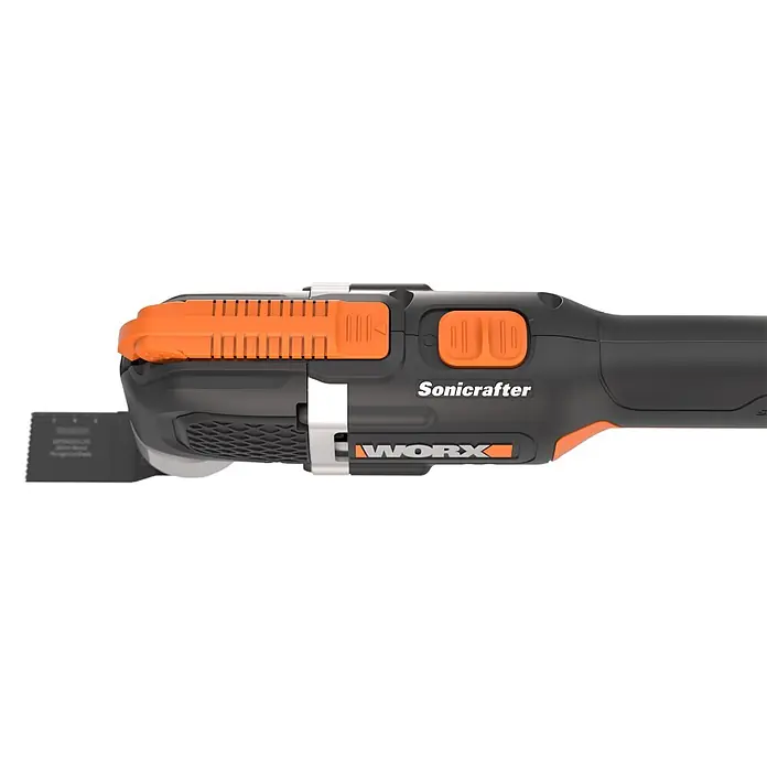 Worx PowerShare 20V Akku-Multifunktionswerkzeug WX696.9 - 20 V, Anzahl Akkus: Ohne Akku, Oszillationswinkel: 3,6 °, Sonstige - Worx Sonicrafter oszillierendes Multitool in Schwarz-Orange mit Tauchsägeblatt.