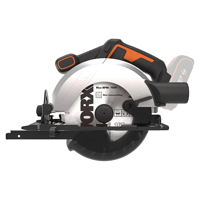 Worx PowerShare 20V Akku-Handkreissäge WX526.9 - Ohne Akku, Durchmesser Sägeblatt: 165 mm, 4.700 U/min - Eine Akku-Kreissäge mit schwarzem und orangefarbenem Griff, silbernem Blattschutz und einem 165-mm-Sägeblatt mit "Max RPM: 7000" und "Fine crosscutting".