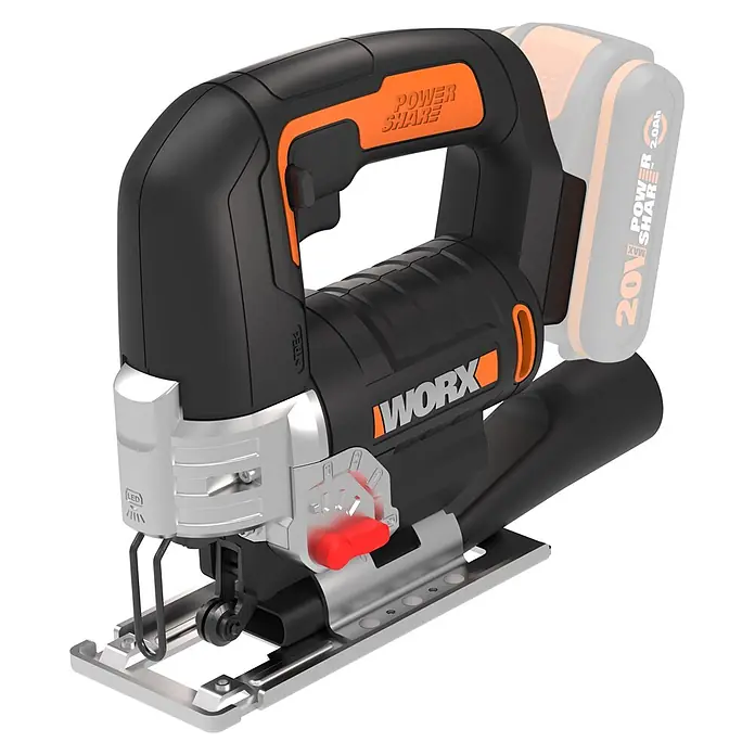 Worx PowerShare 20V Akku-Pendelhubstichsäge WX543.9 - 20 V, Anzahl Akkus: Ohne Akku, 0 /min - 2.600 /min - Schwarze und orangefarbene Worx Akku-Stichsäge mit Power Share Akku, LED-Licht und rotem Einstellhebel auf silbernem Metallsockel.