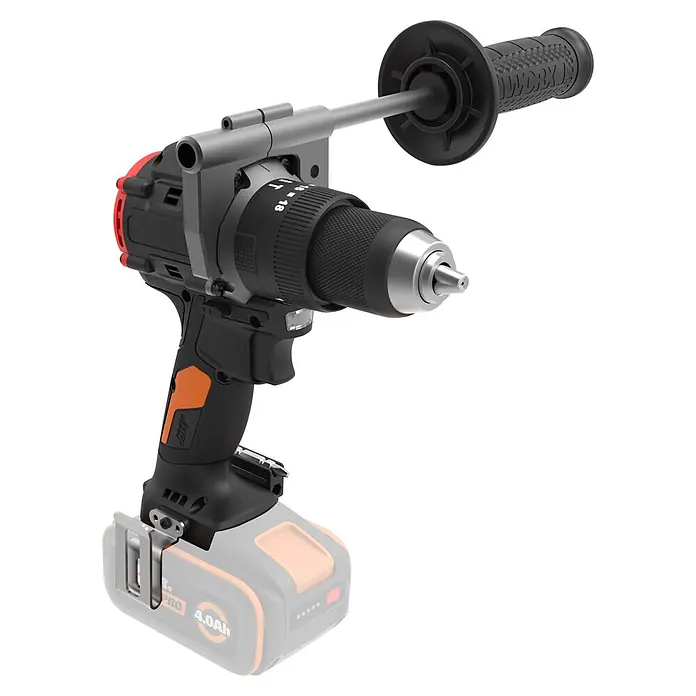 Worx PowerShare 20V Akku-Schlagbohrschrauber WX356.9 - 20 V, Ohne Akku, 85 Nm - Schwarzer und oranger Akku-Bohrschrauber mit silbernem Bohrfutter, grauem Zusatzhandgriff und transparentem Akku.
