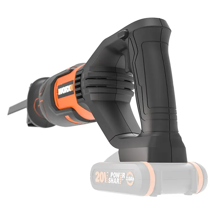 Worx PowerShare 20V Akku-Säbelsäge WX500.9 - 20 V, Ohne Akku, 0 U/min - 3.000 U/min - Schwarz-orangefarbene Akku-Säbelsäge mit sichtbarer Klinge und teilweise transparentem Akku.
